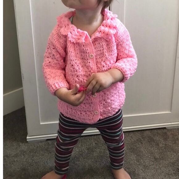 Handmade Pink Crocheted 9-12m Baby Cardigan Sweater - Picture 2 of 5
